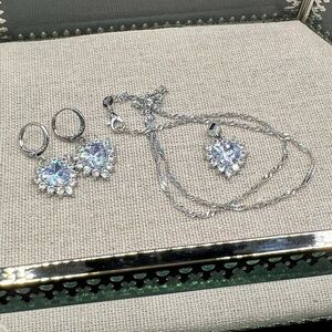 NIB 925 Stamped Sterling Silver Heart Zircon Earring & Pendant Necklace Clear